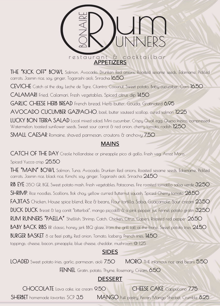 take out menu rum runners bonaire